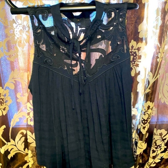2/$30 Free People Womens Black Western Romance Mesh Embroidered Blouse Sz XS / S - Picture 2 of 5
